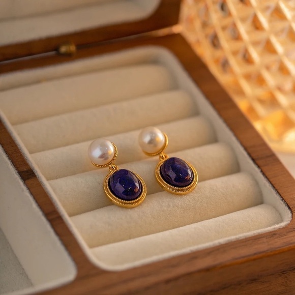 18K Gold Plated White Pearl Natural Oval Lapis Stone Earrings - Picture 5 of 7